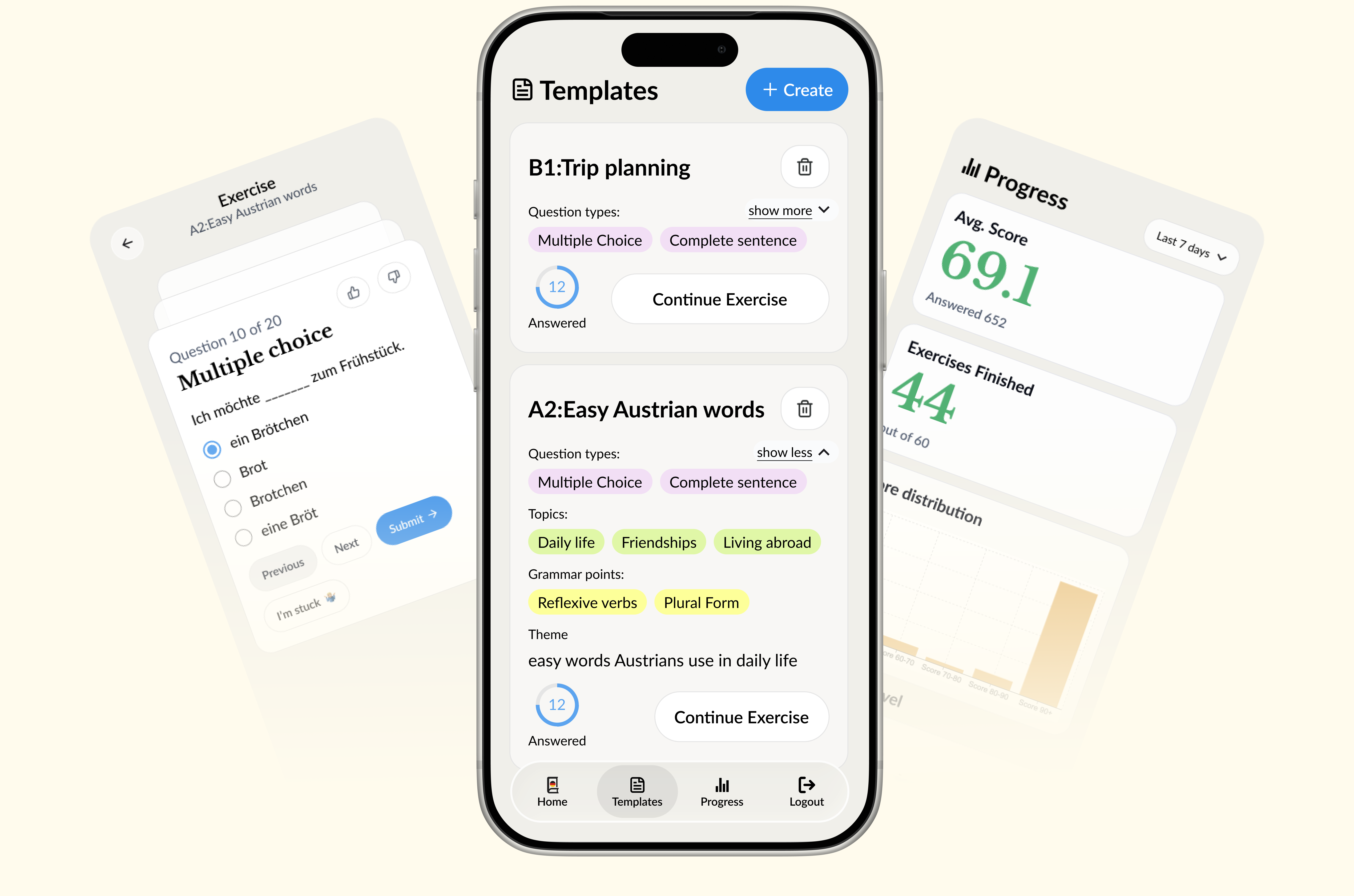 Lehr.app mobile app preview showing exercises, templates, and progress tracking